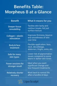 How Often Can I have Morpheus 8? 3 Table showing the benefits of Morpheus 8 treatment from Lipo Sculpt Braunstone Frith